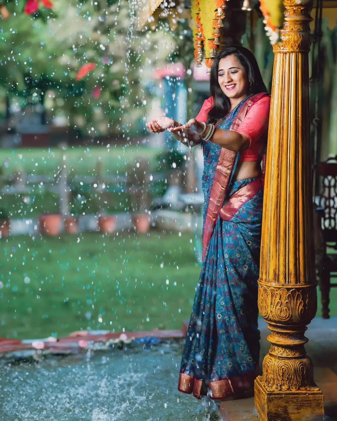 South Indian Actress Viraajita in Traditional Blue Saree Red Blouse